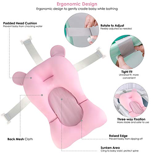 Ponacat Almohadilla de Soporte para Bañera de Recién Nacido Asiento de Cojín de Ducha Infantil de Malla Transpirable 3D Alfombra de Bañera Antideslizante Impermeable con Hebillas