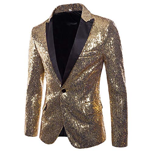 riou Chaqueta de los Hombres Blazer de Lentejuelas Dorado Traje de Rendimiento Traje Floral con Solapa con Muesca Blazer de Moda con Estilo One Buckle