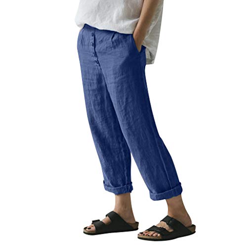 RISTHY Pantalones de Lino Tallas Grandes Holgados Recto Pantalon Largo Mujer Casual con Botones Ideal para Verano