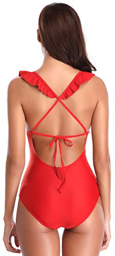 SHEKINI Traje de Baño Mujer Una Pieza Bikini Rizado Atractivo de Mujeres de Baño Push Up Sujetador Acolchado Traje de Una Pieza Mujer (M,Rojo)