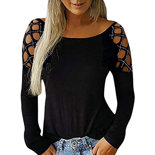 SHOBDW Mujeres Camisetas de Manga Larga Tallas Grandes Cuello en V sólido Camisa de Manga Larga Moda Casual Primavera Otoño Blusa Blusas Sueltas Diseño Cruzado Delantero Camiseta(Negro,XXL)