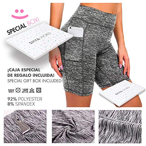 ShyaWorld Mallas Leggins Mujer Deportivos Fitness Pantalones Yoga de Alta Cintura Elásticos y Transpirables para Yoga Running (CON BOLSILLO GRIS CORTO, M)