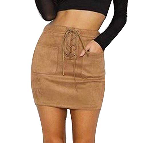 SKYROPNG Minifalda Mujer,Cuero Verano Cintura Alta Drawstring Pocket Mini Faldas, Ajustable Y Transpirable Paquete Caqui Falda De Cadera para All-Match Inicio Casual Ropa Atlética,L