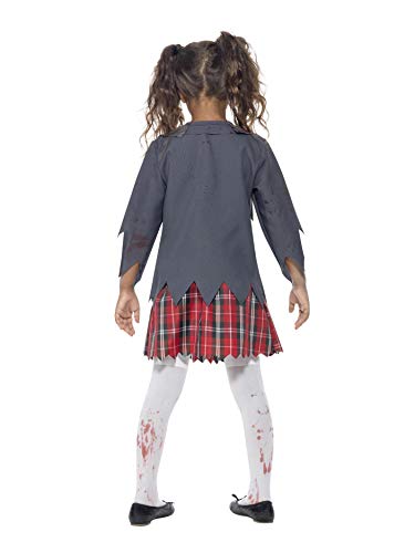 Smiffys-43025L Halloween Disfraz de Colegiala Zombi, con Falda de Cuadros Escoceses, Blazer, Falsa, Color Gris, L-Edad 10-12 años (Smiffy'S 43025L)