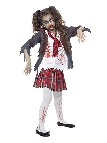 Smiffys-43025L Halloween Disfraz de Colegiala Zombi, con Falda de Cuadros Escoceses, Blazer, Falsa, Color Gris, L-Edad 10-12 años (Smiffy'S 43025L)