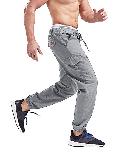 SOMTHRON Hombre Cinturón de Cintura elástico Pantalones de chándal de algodón Largo Jogging Pantalones de Carga Deportiva de Talla Grande Pantalones Cortos con Bolsillos Pantalones (GY-M)