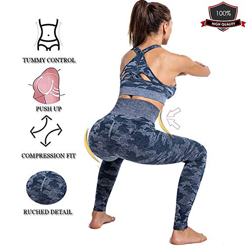 SotRong Mallas Running Mujer Leggings Cintura Alta Deportes Yoga Largos Elásticos y Transpirables Pantalones Para Gym Fitness de Ejercicio Camuflaje Impresión Azul L