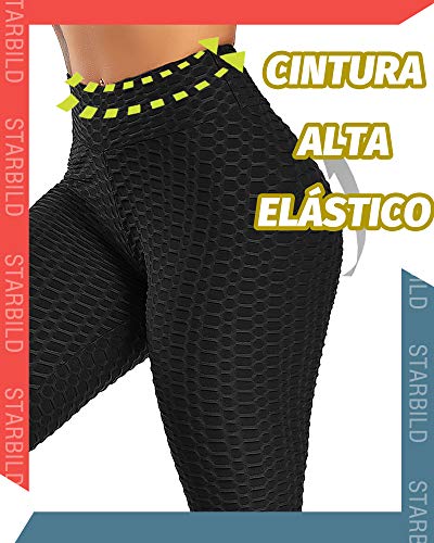 STARBILD Leggings de Fitness Mallas Pántalones Largos Deportivos Cintura Alta Elástico Control de Barriga para Mujer Yoga Gimnasio #Booty-Negro S