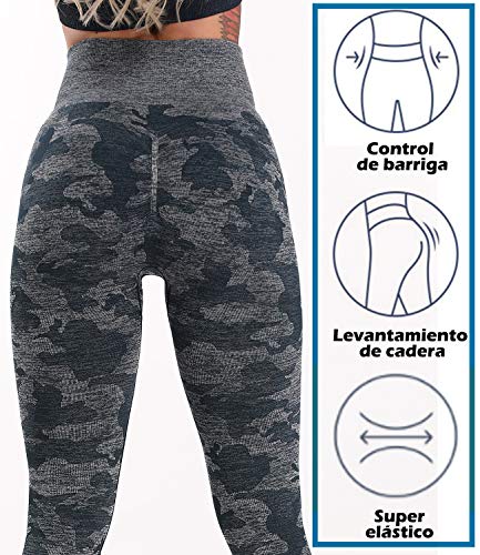 STARBILD Leggings sin Costuras de Cintura Alta Pantalones Deportivo Mallas Ajustadas de Compresión con Control de Abdomen para Mujer para Fitness Yoga Camuflaje Azul-Leggings S