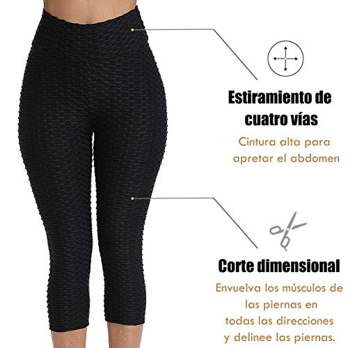 STARBILD Mallas 3/4 Leggings Pántalones Deportivos para Mujer de Alta Cintura Elástico Control de Barriga para Yoga Fitness Gimnasio Negro S