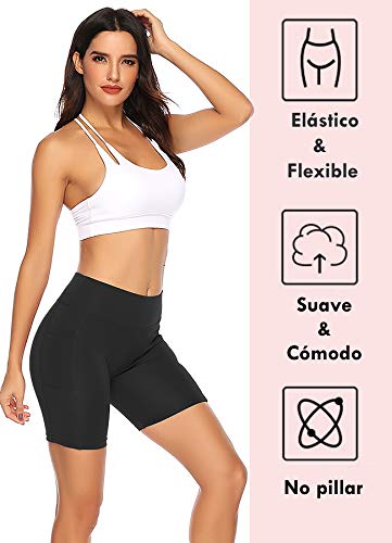 STARBILD Shorts Mallas Pantalones Cortos Elástico Deportivos para Mujer con Bolsillos en Dos Lados para Fitness Gym Yoga Negro M