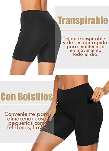 STARBILD Shorts Mallas Pantalones Cortos Elástico Deportivos para Mujer con Bolsillos en Dos Lados para Fitness Gym Yoga Negro M