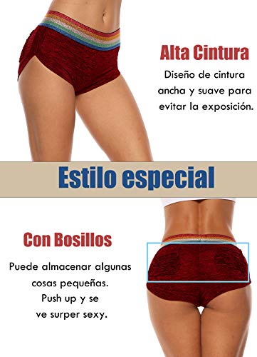 STARBILD Shorts Pantalones Cortos Deportivos Cintura Alta Elástica para Push UP Control de Barriga para Mujer Yoga Diario Correr Fitness Rojo L