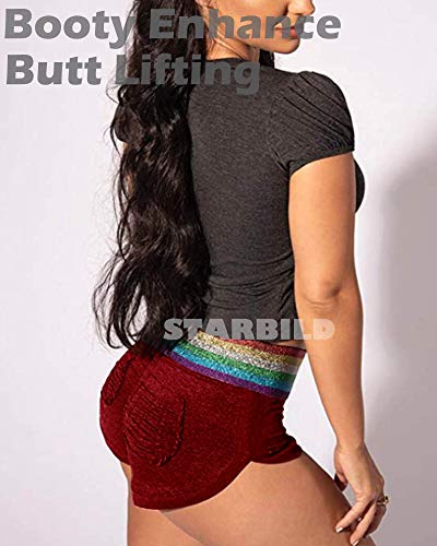 STARBILD Shorts Pantalones Cortos Deportivos Cintura Alta Elástica para Push UP Control de Barriga para Mujer Yoga Diario Correr Fitness Rojo L