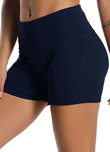 STARBILD Shorts Pantalones Deportes Cortos de Fitness Mallas para Mujer Elástico de Alta Cintura para Correr Gimnasio Gym #1 Classic-Azul Marino XL