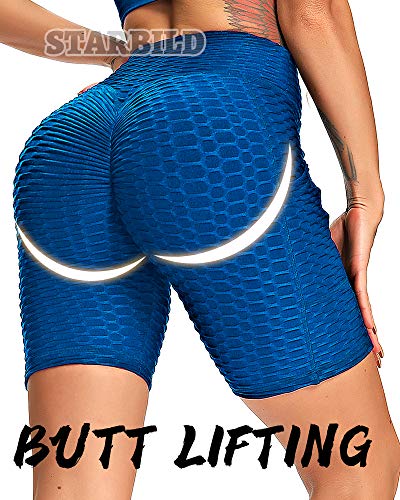 STARBILD Shorts Texturizodos para Mujer Pantalones Cortos Panal Scrunch Butt Push up con Bolsillo para Yoga Fitness Running Deporte #A-Azul M