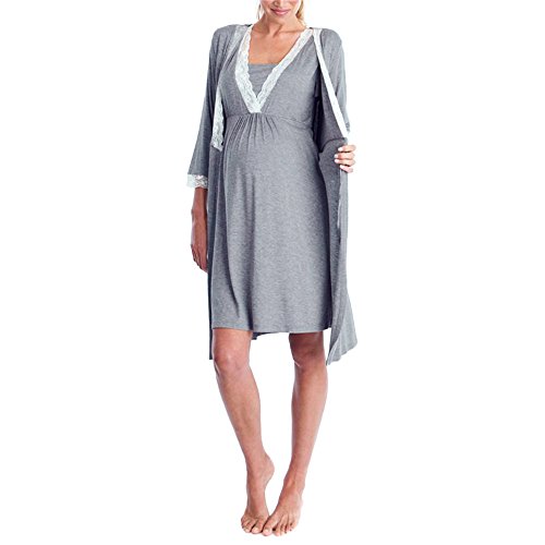 STRIR Vestido de Lactancia Maternidad de Noche Manga 3/4 Camisón Mujeres Embarazadas Ropa de Dormir Premamá Pijama Verano Encaje (S, Gris Oscuro)