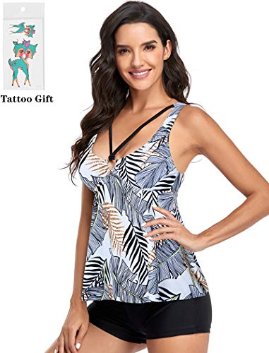 Tankini Traje de Baño Mujer Dos Piezas Volantes Bañador Correa Halter Impresión Vestido Pantalones Cortos Conjuntos (Negro/Blanco Hoja 2XL)