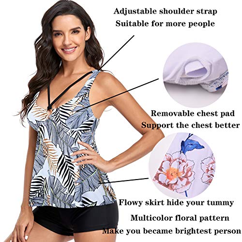 Tankini Traje de Baño Mujer Dos Piezas Volantes Bañador Correa Halter Impresión Vestido Pantalones Cortos Conjuntos (Negro/Blanco Hoja XL)