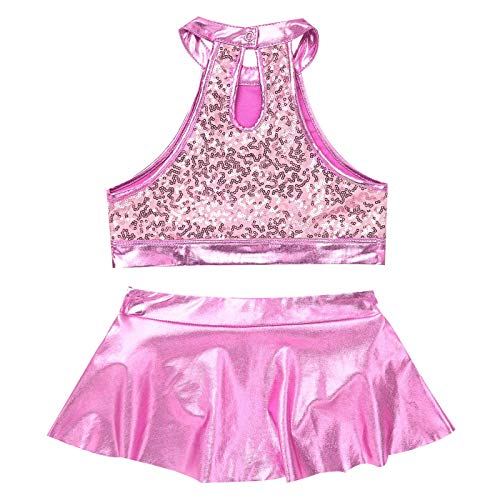 TiaoBug Maillot de Gimnasia Rítmica para Niñas Conjunto de Crop Top y Falda Corta Vestido de Ballet Patinaje Artístico Traje Lentejuelas Jazz Disfraz de Bailarina Rosa 9-10 años