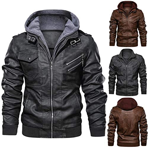 Tosonse Chaqueta Bomber Hombre Otoño Invierno Sudadera con Capucha Sombrero Desmontable Color Puro Imitación Piel Sintética Abrigo Parka