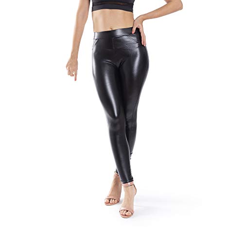 Trendcool Pantalon Cuero Mujer. Leggings Cuero Mujer Elasticos PU. Pantalones Sexy Polipiel Push Up. Pantalon Mujer de Vestir, Piel Sintetica Negro Brillante. (M1, XL)