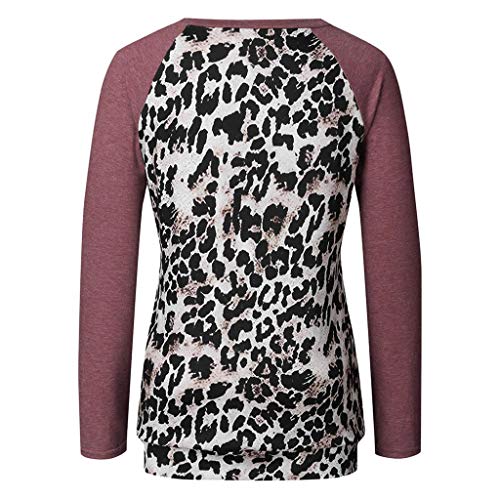 TUDUZ Blusa Manga Larga Mujer Suelto Camisa Botón Leopardo Cuello Redondo Guerrera Top Plisada Camiseta De Rayas (VinoB, XXXL)