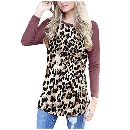 TUDUZ Blusa Manga Larga Mujer Suelto Camisa Botón Leopardo Cuello Redondo Guerrera Top Plisada Camiseta De Rayas (VinoB, XXXL)