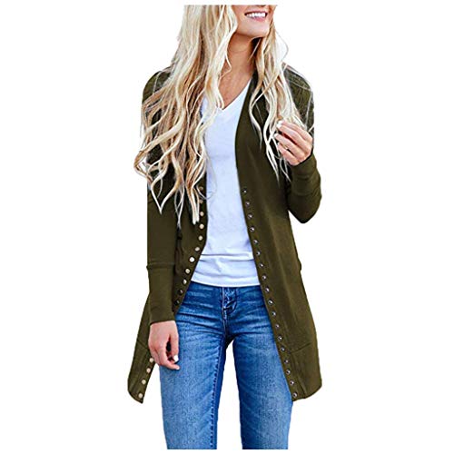 TUDUZ Cardigan Mujer Manga Larga Color Sólido Punto Abrigo Botón Longitud Mediana Chaqueta Suelto (Ejercito Verde, XL)