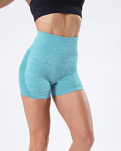 Tuopuda Pantalones Deportivos Cortos de Correr para Mujer Mallas Elásticas Leggings Sin Costuras de Alta Cintura para Fitness Yoga Correr Secado Rápido (Azul,S)