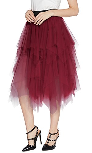 Urban GoCo Mujeres Enagua Falda Corta Midi Tul Damas Cintura Elástica Asimetricas Tutu Falda para Fiesta Danza (S, Vino Rojo)