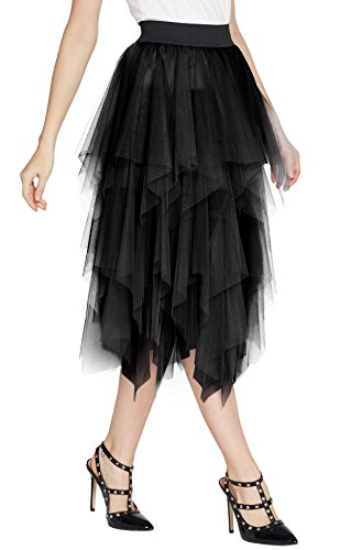 Urban GoCo Mujeres Enagua Falda Corta Midi Tul Damas Cintura Elástica Asimetricas Tutu Falda para Fiesta Danza (XL, Negro)