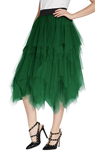 Urban GoCo Mujeres Enagua Falda Corta Midi Tul Damas Cintura Elástica Asimetricas Tutu Falda para Fiesta Danza (XL, Verde Oscuro)