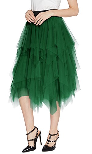 Urban GoCo Mujeres Enagua Falda Corta Midi Tul Damas Cintura Elástica Asimetricas Tutu Falda para Fiesta Danza (XL, Verde Oscuro)