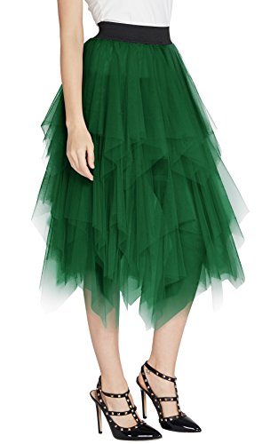 Urban GoCo Mujeres Enagua Falda Corta Midi Tul Damas Cintura Elástica Asimetricas Tutu Falda para Fiesta Danza (XL, Verde Oscuro)