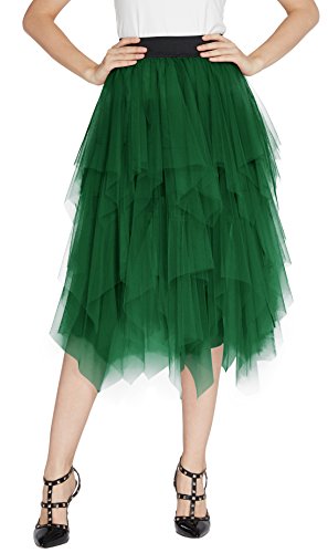 Urban GoCo Mujeres Enagua Falda Corta Midi Tul Damas Cintura Elástica Asimetricas Tutu Falda para Fiesta Danza (XL, Verde Oscuro)