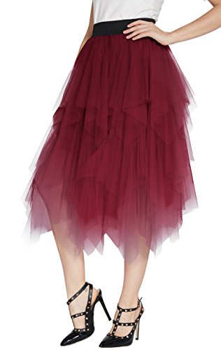 Urban GoCo Mujeres Enagua Falda Corta Midi Tul Damas Cintura Elástica Asimetricas Tutu Falda para Fiesta Danza (XL, Vino Rojo)