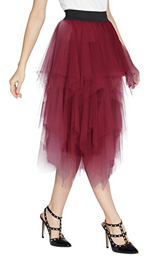 Urban GoCo Mujeres Enagua Falda Corta Midi Tul Damas Cintura Elástica Asimetricas Tutu Falda para Fiesta Danza (XL, Vino Rojo)