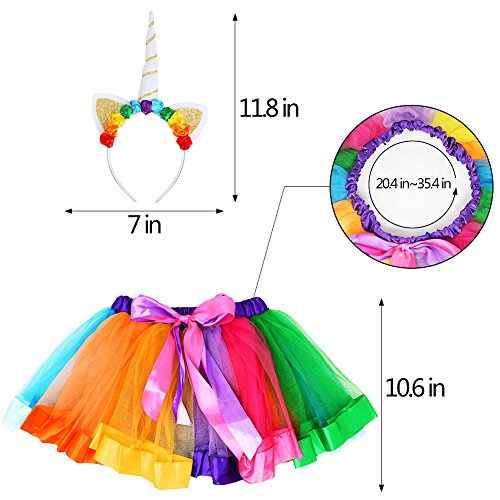 vamei Rainbow Ribbon Tutu Skirt para niñas pequeñas Fotos de Disfraces de Ballet con Unicorn Flower Diadema para Little Pony Dress Up Fun