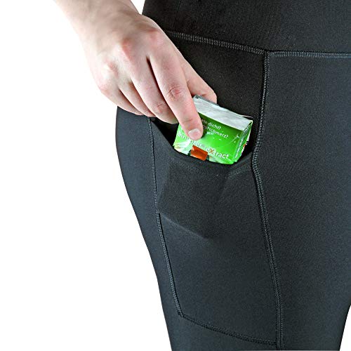 Variosports Sport Capri 3/4 con 2 Bolsillos Laterales para el teléfono móvil, Llaves, Tarjeta de crédito y Mallas de Deporte Co. patrón |Negro M