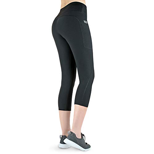 Variosports Sport Capri 3/4 con 2 Bolsillos Laterales para el teléfono móvil, Llaves, Tarjeta de crédito y Mallas de Deporte Co. patrón |Negro M