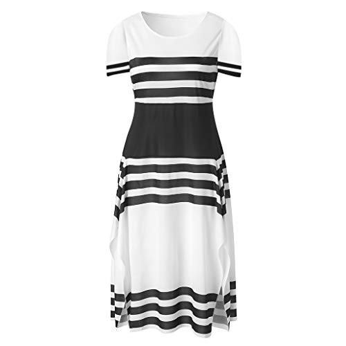 VEMOW Faldas de Las Mujeres Las Mujeres Vestido Blusas de la Manga de la Raya Vestido Ocasional Las Mujeres Cuello Redondo Vestido Midi Vestidos de Fiesta(Blanco,M)