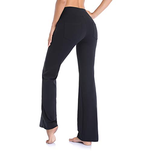 Vimbloom Pantalones de Yoga Bootcut para Mujer Largo Pata Anchos Pantalón de Piltes Cintura Alta Deportivos Leggins con Bolsillos para Yoga Fitness VI490 (Negro, S)