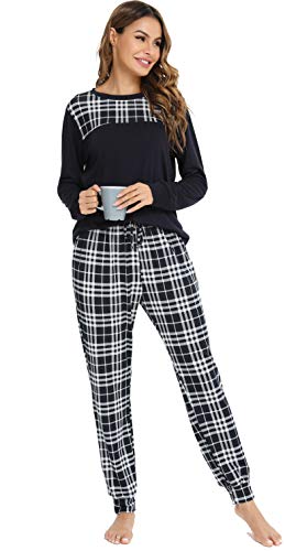 Vlazom Conjunto de Pijamas para Mujer, Parte Superior de Manga Larga, Pijama Suave y Parte Superior a Cuadros S-XXL