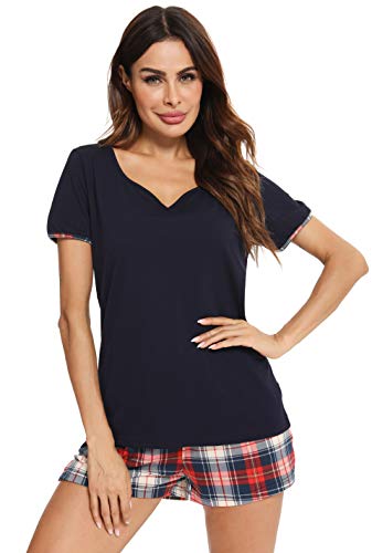 Vlazom Pijamas Mujer Verano Suave y Transpirable, Conjunto de Ropa de Dormir de Camiseta con Pantalones Cortas con Bolsillos y Cordón