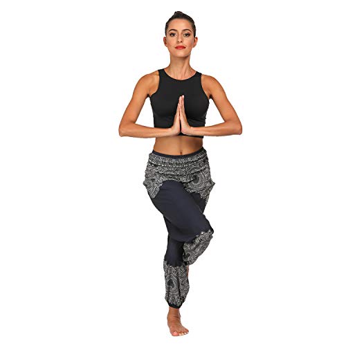 Voqeen Pantalones de Yoga de Salón para Mujer, Pantalones Holgados de Harem Hippie, Holgados, Bohemios, Estampados, Cintura Alta, Cintura Fruncida, Delgada con Bolsillos Grande Tamaño