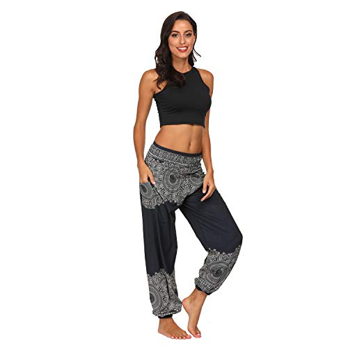 Voqeen Pantalones de Yoga de Salón para Mujer, Pantalones Holgados de Harem Hippie, Holgados, Bohemios, Estampados, Cintura Alta, Cintura Fruncida, Delgada con Bolsillos Grande Tamaño