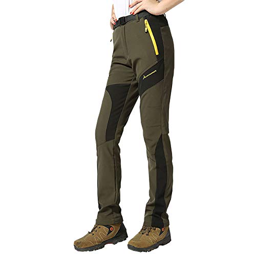 WANPUL Pantalon Softshell Mujer Pantalones de Montaña Impermeable Pantalon Trekking Caliente Pantalones Invierno Ejército Verde M