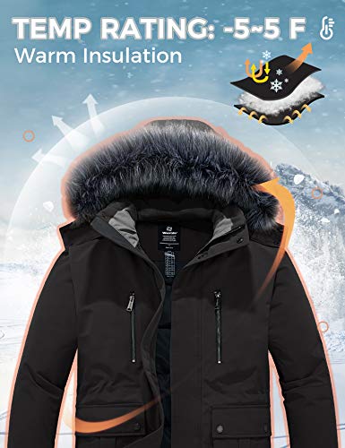 Wantdo Abrigos Cálido Antiviento Chaquetas de Algodón Invierno al Aire Libre Parka Gruesa Capucha Desmontable con Pelo Chaquetas de Lana Resistente al Agua Hombres Negro Large