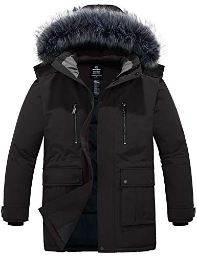 Wantdo Abrigos Cálido Antiviento Chaquetas de Algodón Invierno al Aire Libre Parka Gruesa Capucha Desmontable con Pelo Chaquetas de Lana Resistente al Agua Hombres Negro Large